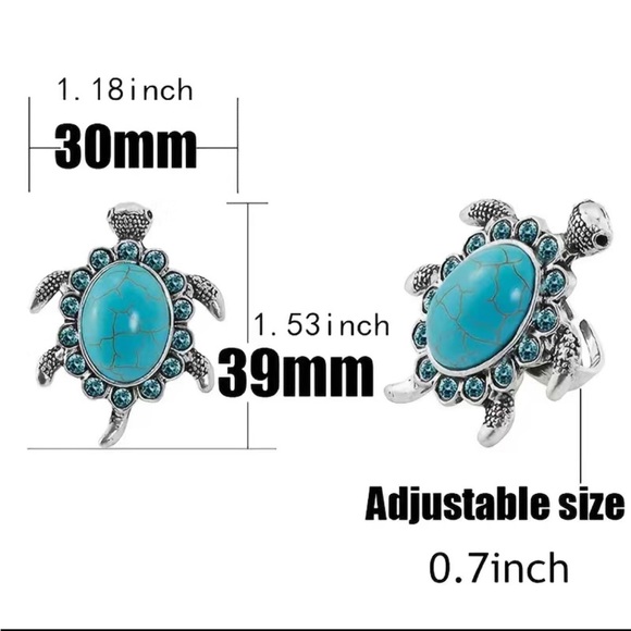 Turquoise and Rhinestone Silver Turtle Ring - Picture 4 of 6